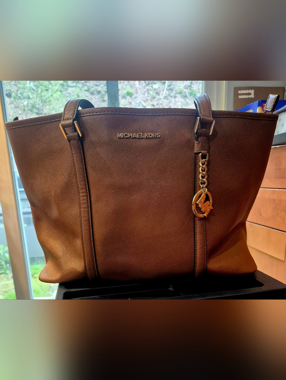 Michael Kors Brown Saffiano Leather Tote with Gold Logo Charm